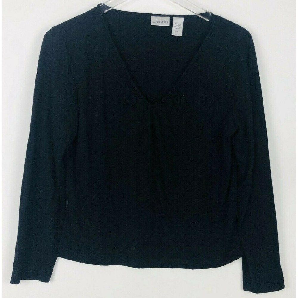 Chicos Black Deep V Neck Long Sleeve Rayon Blouse